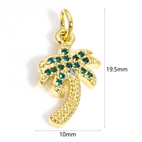 Picture of 1 Piece Brass Charms 18K Gold Plated Coconut Palm Tree Green Cubic Zirconia 19.5mm x 10mm