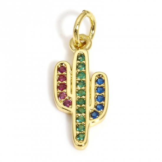 Picture of 1 Piece Brass Charms 18K Gold Color Cactus Multicolour Cubic Zirconia 20mm x 7.5mm