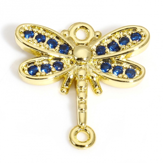 Picture of 1 Piece Brass Connectors Charms Pendants 18K Gold Color Dragonfly Animal Deep Blue Cubic Zirconia 16.5mm x 16mm