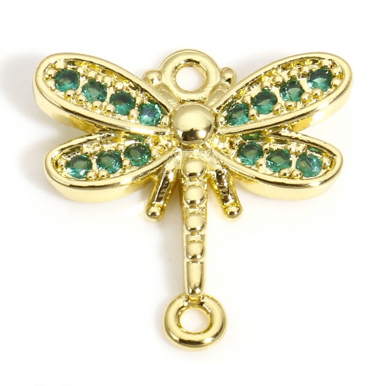 Picture of 1 Piece Brass Connectors Charms Pendants 18K Gold Color Dragonfly Animal Green Cubic Zirconia 16.5mm x 16mm