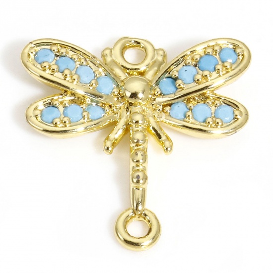 Picture of 1 Piece Brass Connectors Charms Pendants 18K Gold Color Dragonfly Animal Blue Rhinestone 16.5mm x 16mm