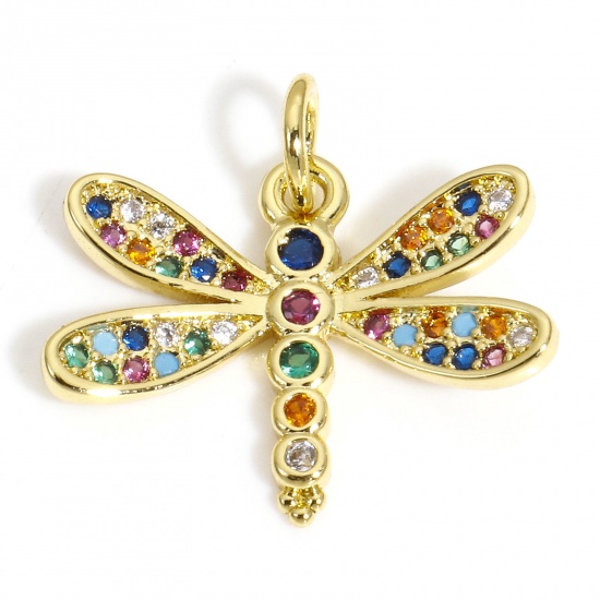 Picture of 1 Piece Brass Charms 18K Gold Plated Dragonfly Animal Multicolour Cubic Zirconia 18mm x 18mm