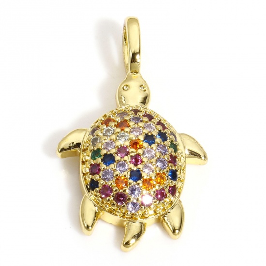 Picture of 1 Piece Brass Charms 18K Gold Plated Sea Turtle Animal Multicolour Cubic Zirconia 23mm x 14mm
