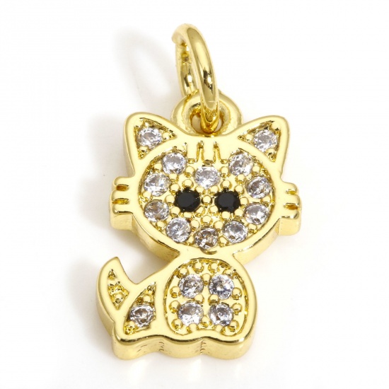 Picture of 2 PCs Brass Charms 18K Gold Color Cat Animal Clear Cubic Zirconia 17mm x 9mm