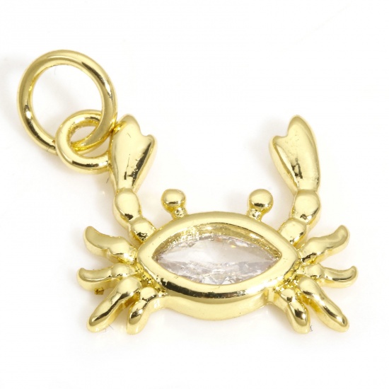 Picture of 2 PCs Brass Ocean Jewelry Charms 18K Gold Color Crab Animal Clear Cubic Zirconia 15.5mm x 13mm