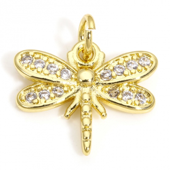 Picture of 2 PCs Brass Charms 18K Gold Color Dragonfly Animal Clear Cubic Zirconia 17mm x 15mm