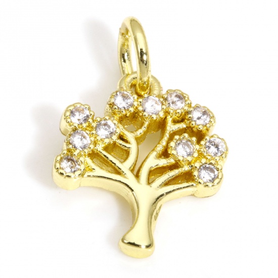 Picture of 2 PCs Brass Charms 18K Gold Color Tree Clear Cubic Zirconia 15mm x 10mm