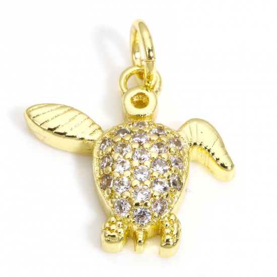 Picture of 2 PCs Brass Ocean Jewelry Charms 18K Gold Color Sea Turtle Animal Clear Cubic Zirconia 18mm x 15mm
