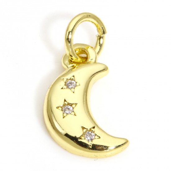 Picture of 2 PCs Brass Galaxy Charms 18K Gold Color Half Moon Clear Cubic Zirconia 15mm x 7mm