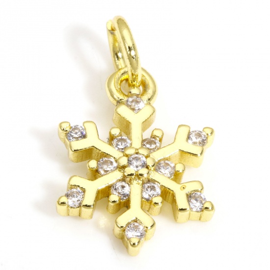 Picture of 2 PCs Brass Weather Collection Charms 18K Gold Color Christmas Snowflake Clear Cubic Zirconia 16mm x 9.5mm