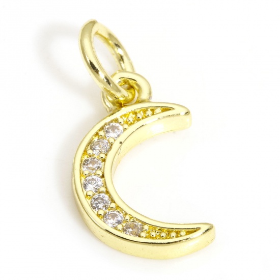 Picture of 2 PCs Brass Galaxy Charms 18K Gold Color Crescent Moon Double Horn Clear Cubic Zirconia 15mm x 7mm