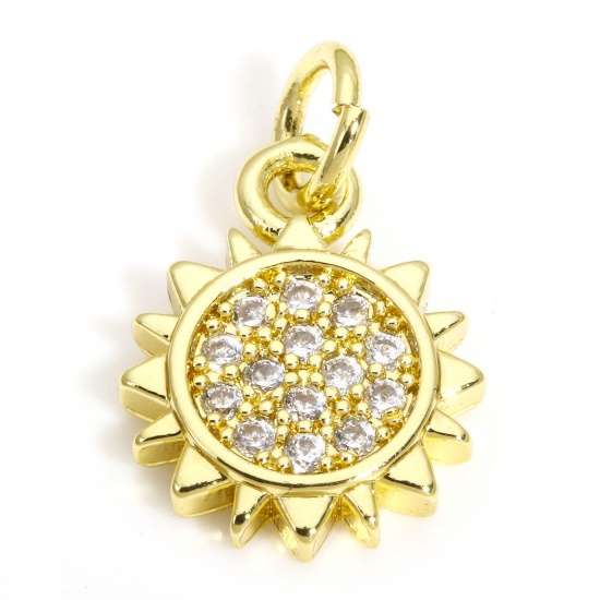 Picture of 2 PCs Brass Charms 18K Gold Color Sunflower Sun Clear Cubic Zirconia 16mm x 10mm