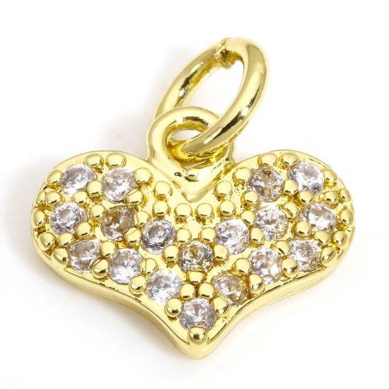 Picture of 2 PCs Brass Valentine's Day Charms 18K Gold Color Heart Clear Cubic Zirconia 12mm x 11mm