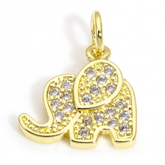 Picture of 2 PCs Brass Charms 18K Gold Color Elephant Animal Clear Cubic Zirconia 15mm x 12mm