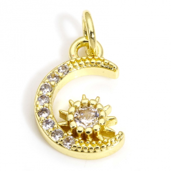 Picture of 2 PCs Brass Galaxy Charms 18K Gold Color Half Moon Star Clear Cubic Zirconia 17mm x 9mm