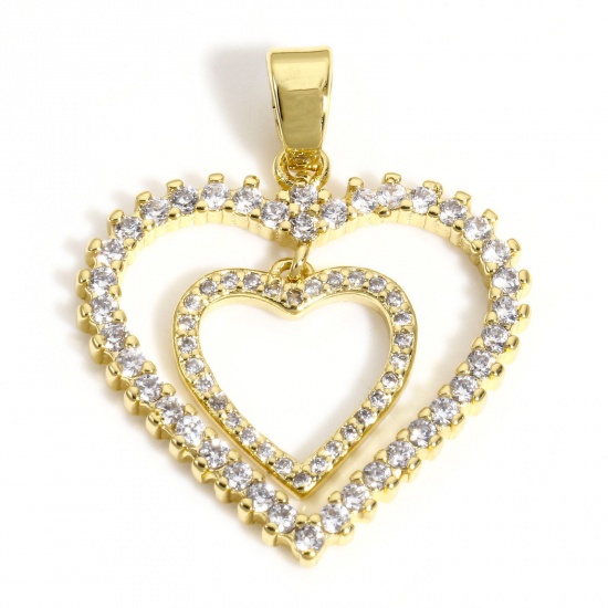 Picture of 1 Piece Brass Valentine's Day Charms 18K Gold Color Heart Micro Pave Clear Cubic Zirconia 28mm x 23.5mm