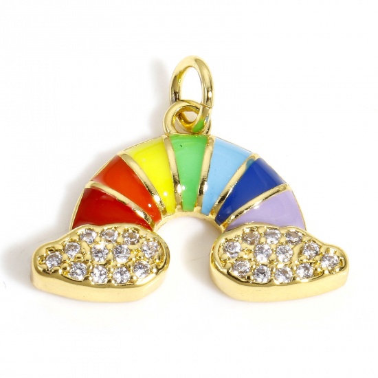 Picture of 1 Piece Brass Weather Collection Charms 18K Gold Color Multicolor Rainbow Enamel Clear Cubic Zirconia 20mm x 17mm