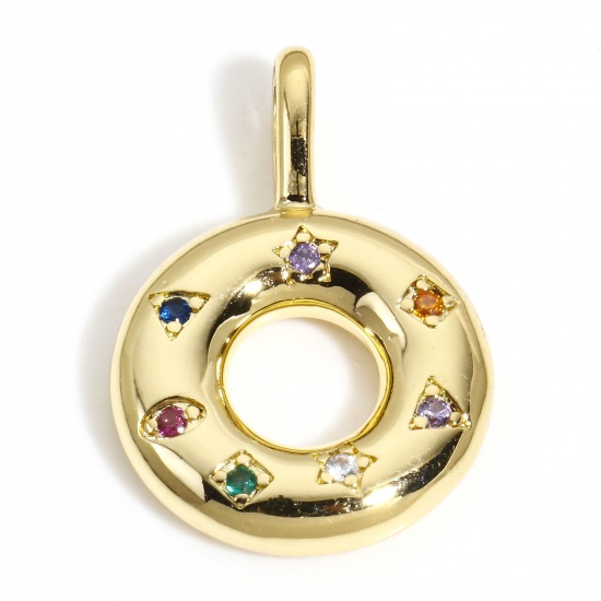 Picture of 1 Piece Brass Charms 18K Gold Color Donut Multicolour Cubic Zirconia 26mm x 18mm