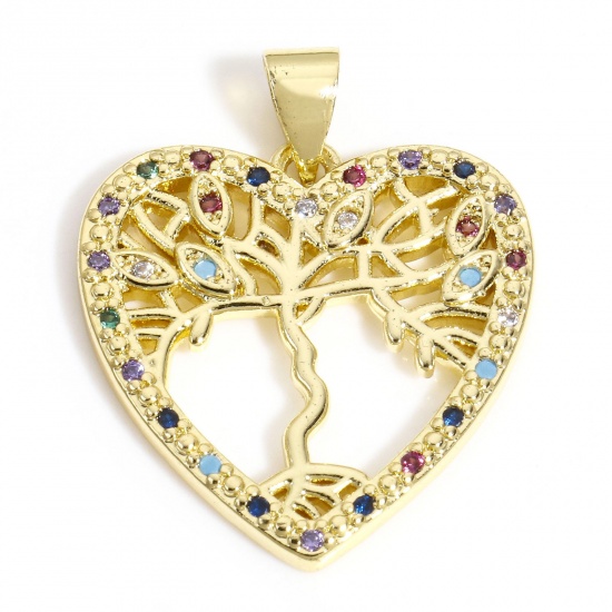 Picture of 1 Piece Brass Charms 18K Gold Color Tree Of Life Heart Hollow Multicolour Cubic Zirconia 27mm x 21mm