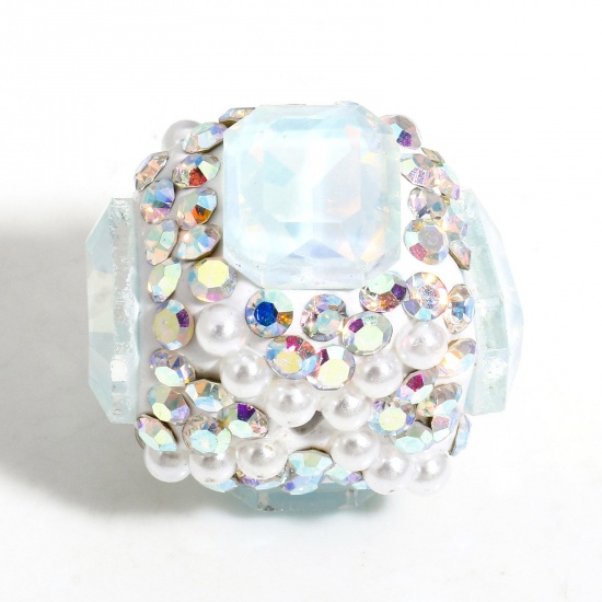 Picture of 2 PCs Polymer Clay Beads For DIY Charm Jewelry Making Cube Light Blue AB Color Rhinestone About 19mm x 12mm, Hole: Approx 1.6mm