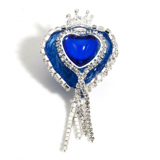 Picture of 2 PCs Polymer Clay Valentine's Day Beads For DIY Charm Jewelry Making Heart Royal Blue Crown Pattern Clear Rhinestone About 5.5cm x 2.7cm, Hole: Approx 2.4mm