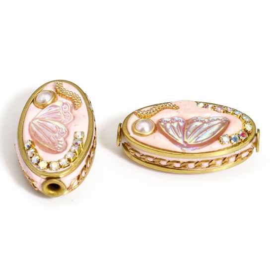 Picture of 1 Piece Polymer Clay Beads For DIY Charm Jewelry Making Oval Light Pink Butterfly Pattern AB Color Rhinestone About 25mm x 14mm, Hole: Approx 1.8mm