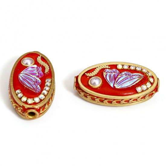 Picture of 1 Piece Polymer Clay Beads For DIY Charm Jewelry Making Oval Red Butterfly Pattern AB Color Rhinestone About 25mm x 14mm, Hole: Approx 1.8mm