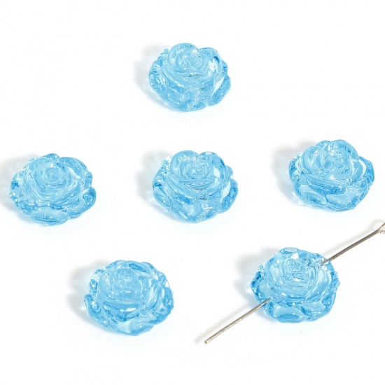 Picture of 2 PCs Lampwork Glass Valentine's Day Beads For DIY Charm Jewelry Making Rose Flower Blue 3D About 18mm x 18mm, Hole: Approx 1.2mm