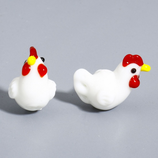 Picture of 1 Piece Lampwork Glass Beads For DIY Charm Jewelry Making Chicken White 3D About 20mm x 16mm, Hole: Approx 1mm