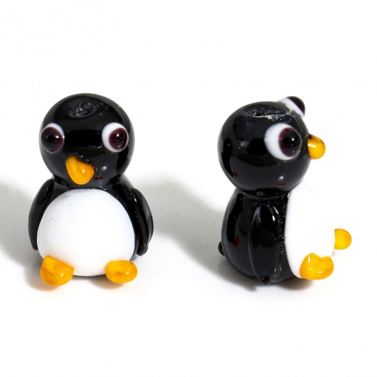 Picture of 1 Piece Lampwork Glass Beads For DIY Charm Jewelry Making Penguin Animal Black 3D About 21mm x 15mm, Hole: Approx 1.2mm