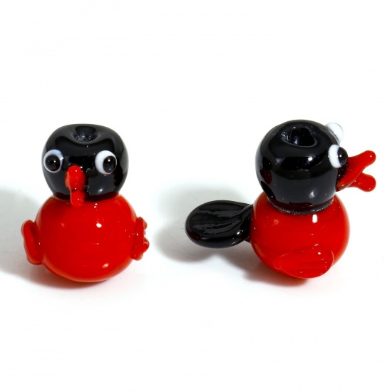 Picture of 1 Piece Lampwork Glass Beads For DIY Charm Jewelry Making Penguin Animal Red 3D About 18mm x 15mm, Hole: Approx 1.8mm