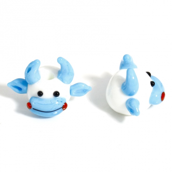 Picture of 1 Piece Lampwork Glass Beads For DIY Charm Jewelry Making Cow Animal Blue 3D About 24mm x 16mm, Hole: Approx 2.2mm