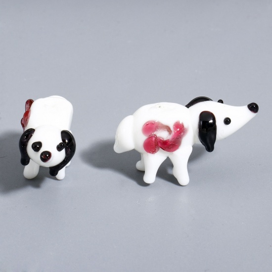 Picture of 1 Piece Lampwork Glass Beads For DIY Charm Jewelry Making Dog Animal White 3D About 29mm x 16mm, Hole: Approx 1.6mm