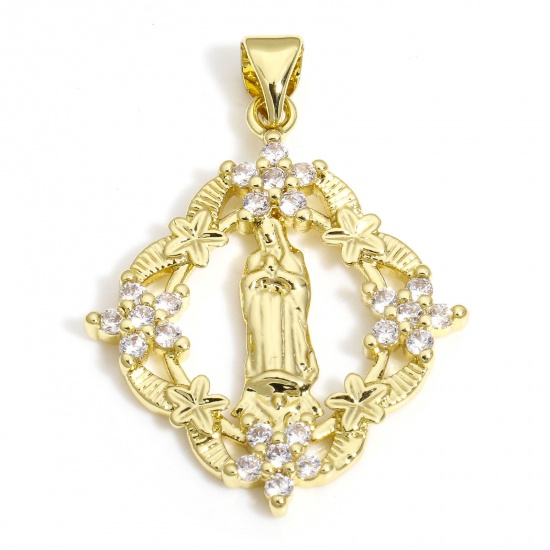 Picture of 1 Piece Brass Religious Pendants 18K Gold Color Rhombus Virgin Mary Clear Cubic Zirconia 3.4cm x 2.4cm