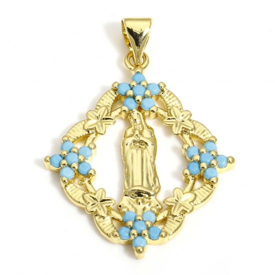Picture of 1 Piece Brass Religious Pendants 18K Gold Color Rhombus Virgin Mary Blue Cubic Zirconia 3.4cm x 2.4cm