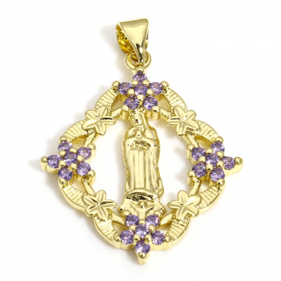 Picture of 1 Piece Brass Religious Pendants 18K Gold Color Rhombus Virgin Mary Purple Cubic Zirconia 3.4cm x 2.4cm