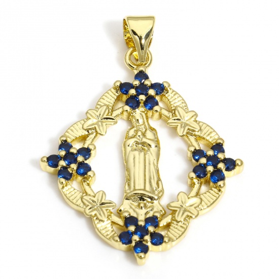 Picture of 1 Piece Brass Religious Pendants 18K Gold Color Rhombus Virgin Mary Deep Blue Cubic Zirconia 3.4cm x 2.4cm