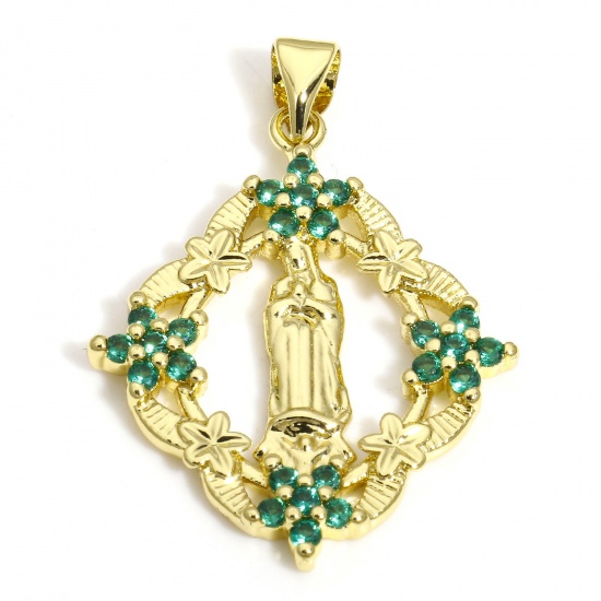 Picture of 1 Piece Brass Religious Pendants 18K Gold Color Rhombus Virgin Mary Green Cubic Zirconia 3.4cm x 2.4cm