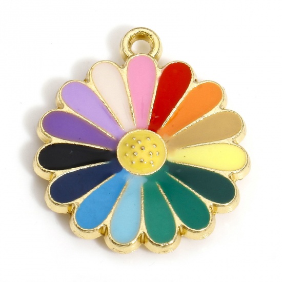 Picture of 10 PCs Zinc Based Alloy Charms Gold Plated Multicolor Daisy Flower Enamel 21mm x 18mm