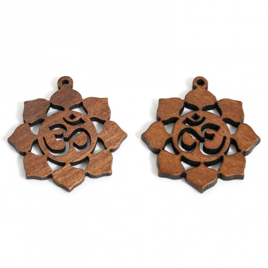 Picture of 5 PCs Walnut Religious Pendants Dark Brown Flower OM/ Aum Symbol 3.2cm x 3cm