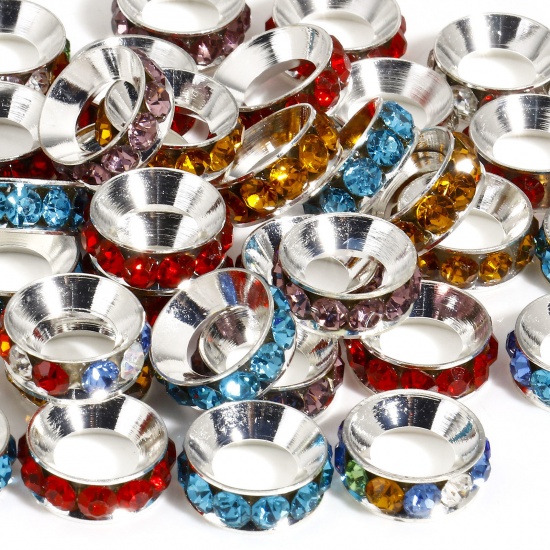 Image de 10 Pcs Perles pour DIY Fabrication de Bijoux de Charme en Alliage de Fer Argent Mat Rond à Strass Couleur Mélangée Au Hasard 15mm Dia, Trou: env. 8mm