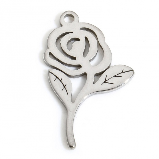 Bild von 5 PCs Eco-friendly 304 Stainless Steel Exquisite Charms Silver Tone Rose Flower Hollow 22.5mm x 13.5mm