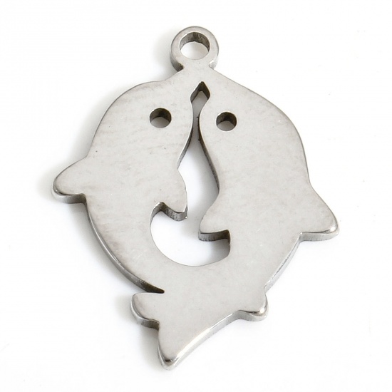Immagine di 5 PCs Eco-friendly 304 Stainless Steel Cute Charms Silver Tone Dolphin Animal 18mm x 13.5mm