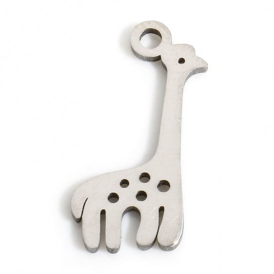 Picture of 5 PCs Eco-friendly 304 Stainless Steel Cute Charms Silver Tone Giraffe Animal Hollow 16.5mm x 7.5mm