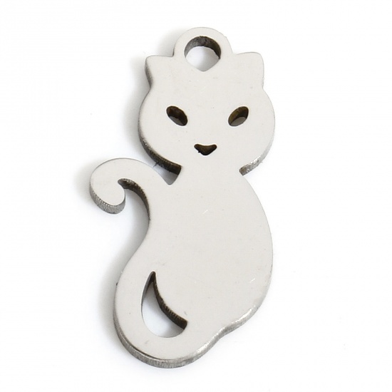Picture of 5 PCs Eco-friendly 304 Stainless Steel Cute Charms Silver Tone Cat Animal Hollow 16.5mm x 8mm