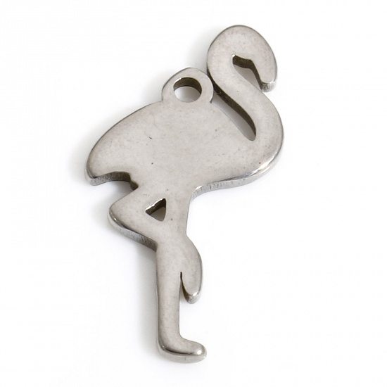 Picture of 5 PCs Eco-friendly 304 Stainless Steel Cute Charms Silver Tone Flamingo 16mm x 8mm
