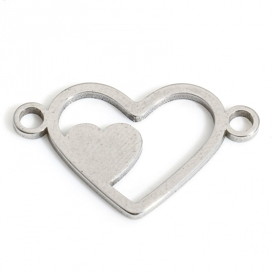 Picture of 5 PCs Eco-friendly 304 Stainless Steel Simple Connectors Charms Pendants Silver Tone Heart Hollow 20mm x 12mm