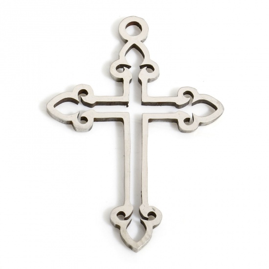 Picture of 5 PCs Eco-friendly 304 Stainless Steel Religious Charms Silver Tone Cross Hollow 27mm x 18.5mm