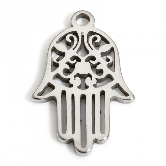 Picture of 5 PCs Eco-friendly 304 Stainless Steel Religious Charms Silver Tone Hamsa Symbol Hand Hollow 21mm x 13.5mm