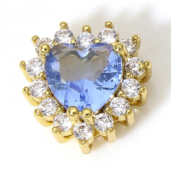 Immagine di 1 Pz Ottone San Valentino Charms Cuore 18K Oro riempito Blu Trasparente Cubic Zirconiae 10mm x 10mm